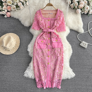 #2281 [Sẵn một số size] Đầm tay dài cổ vuông dáng ôm ren hồng có lót trong kèm thắt lưng