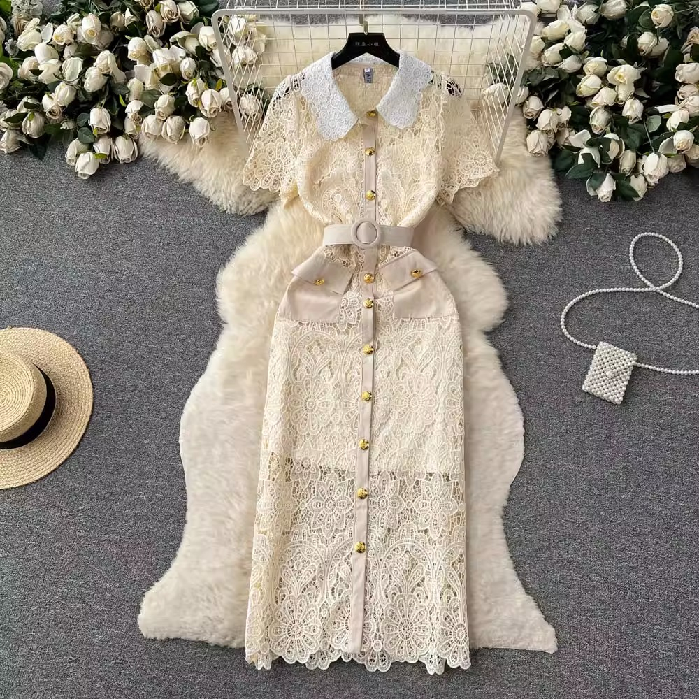 Đầm tay ngắn cổ sơ mi dáng ôm chất ren kèm thắt lưng