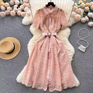 #2793 [Order/ Sẵn S] Đầm tay ngắn cổ sơ mi ren hồng kèm thắt lưng có lót trong