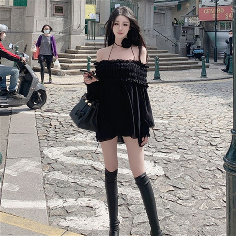 Áo Trễ Vai Quây Chun Siêu Hottrend Kèm Hoa Cổ Hai Màu