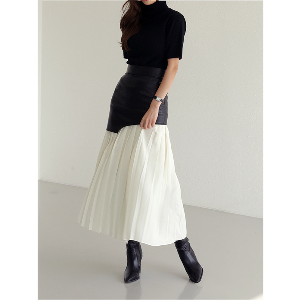 JOYCÉ - Chân váy da phối xếp ly