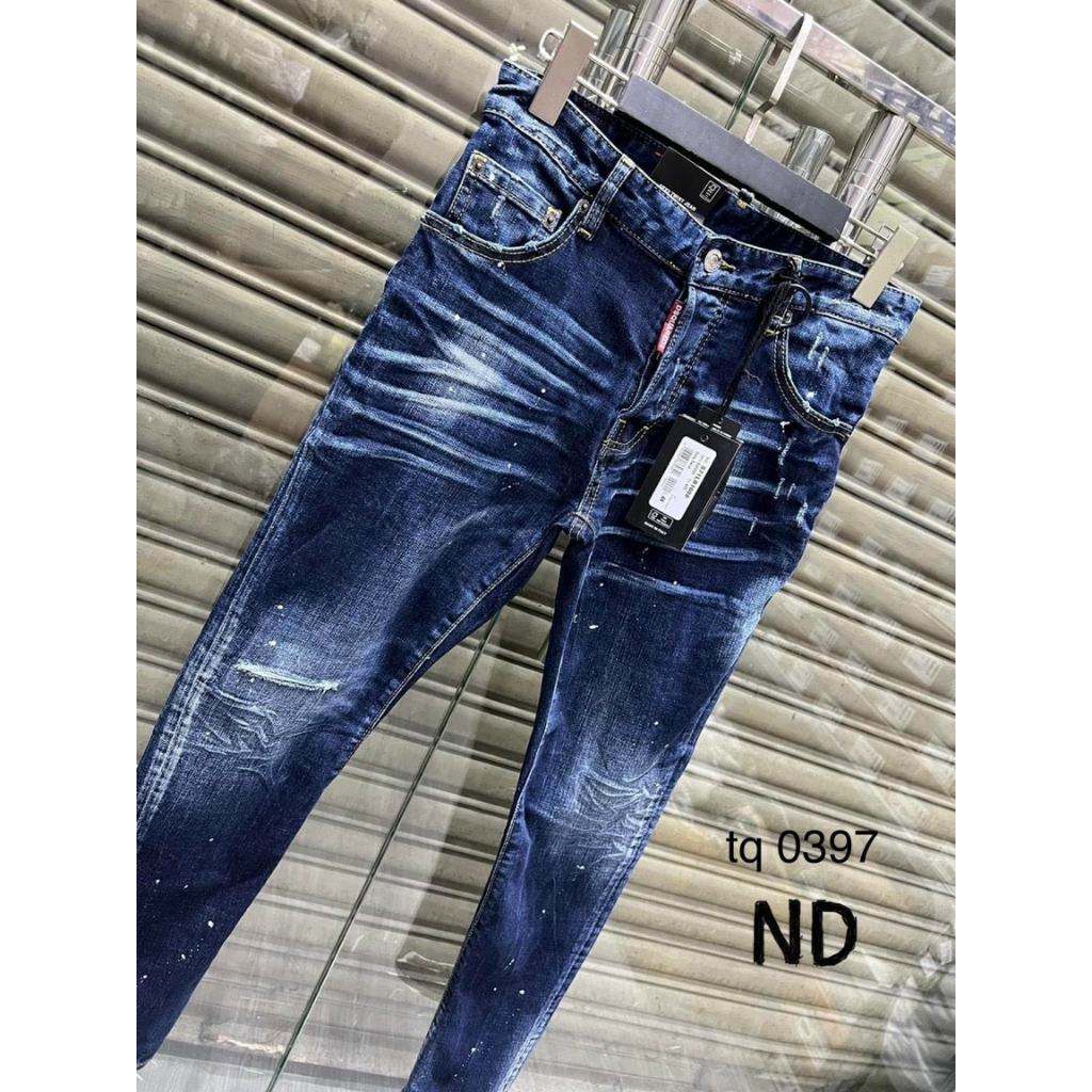 Quần jean bò nam biker slimfit Dsq2 xanh rách xước vảy sơn phối túi sau nổi chữ ICON đơn giản đẹp