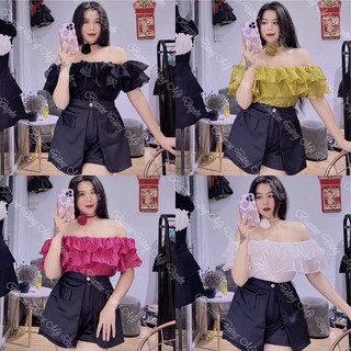 Set short áo đũi lụa rớt vai siêu hot ảnh chụp thật