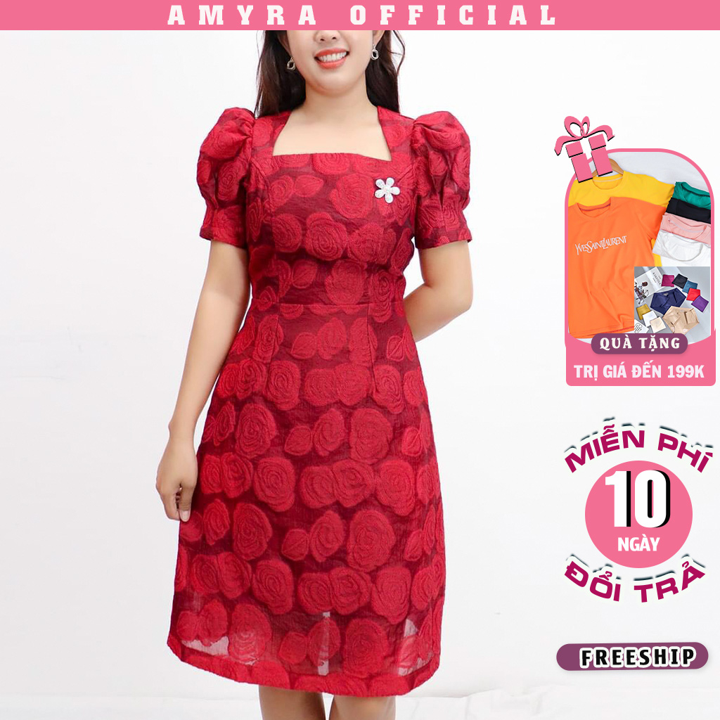 Váy Dự Tiệc Sang Trọng Bigsize AMYRA, Thiết Kế Dáng Chữ A Tay Phồng Cổ Vuông Hoa In Nổi 3D Trẻ Trung Cao Cấp DA021