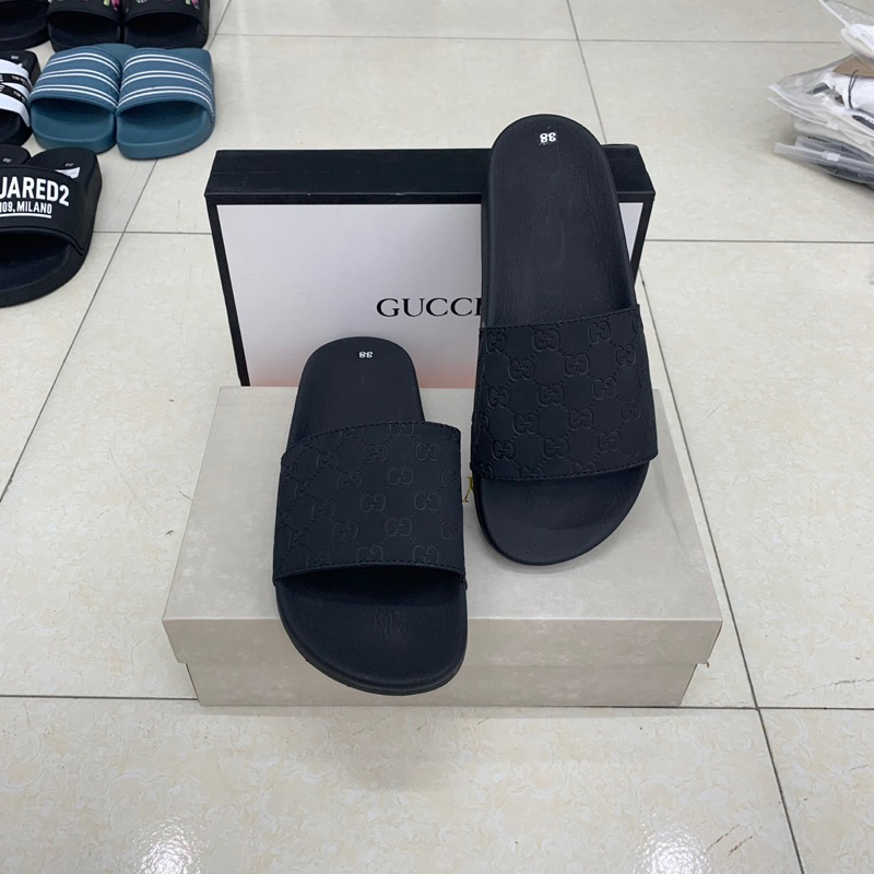 Dép Gucci đen dập logo chìm cao su siêu nhẹ