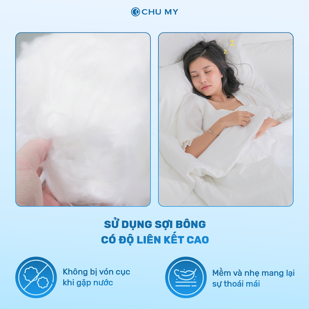 Ruột chăn bông tấm CHUMY chần 3 lớp, kích thước 2mx2m2, 4 góc có dây móc cố định chắc chắn