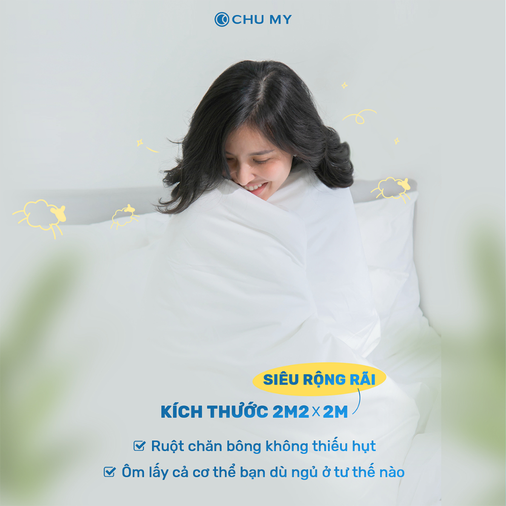 Ruột chăn bông tấm CHUMY chần 3 lớp, kích thước 2mx2m2, 4 góc có dây móc cố định chắc chắn