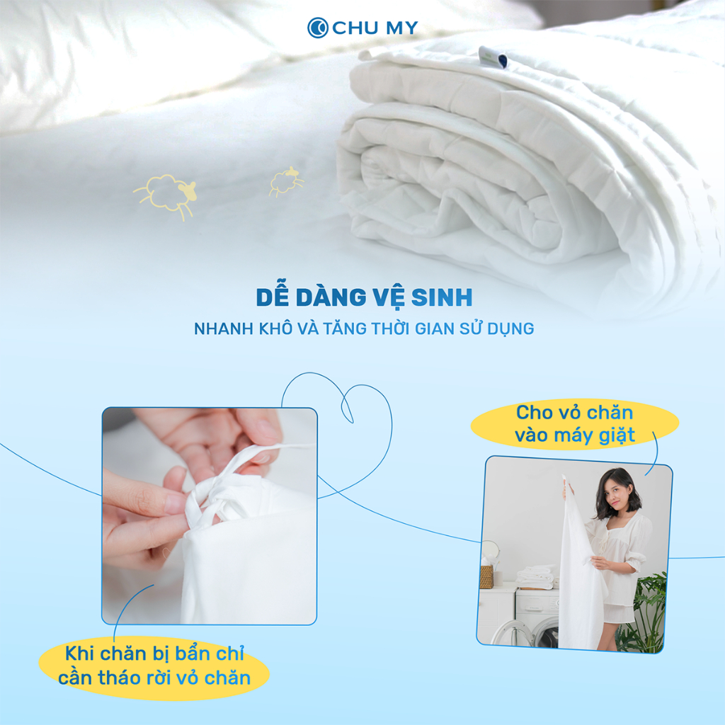 Ruột chăn bông tấm CHUMY chần 3 lớp, kích thước 2mx2m2, 4 góc có dây móc cố định chắc chắn