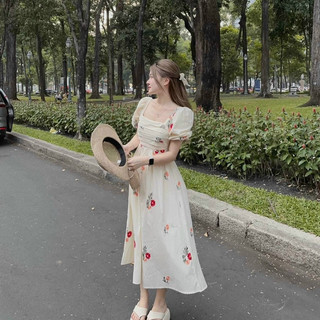 Đầm hoa thời trang nữ mặc đi chơi xinh xắn cổ ngang tay ngắn bo chun dập ly ngực dáng váy dài xoè chất vải LỤA Ý,
