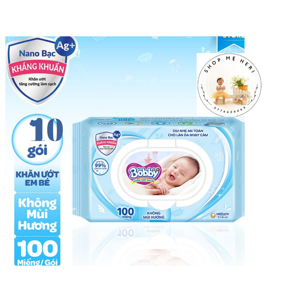 Combo 10 Bịch Khăn Ướt không mùi Bobby 100 tờ
