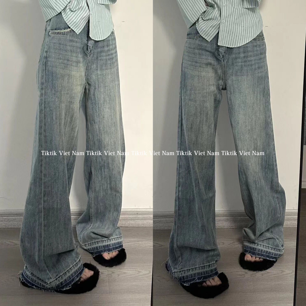 (sẵn) Quần jeans nữ dáng dài ống suông rộng màu xanh nhạt trơn phối gấu tua rua chất vải dày dặn – Tiktik
