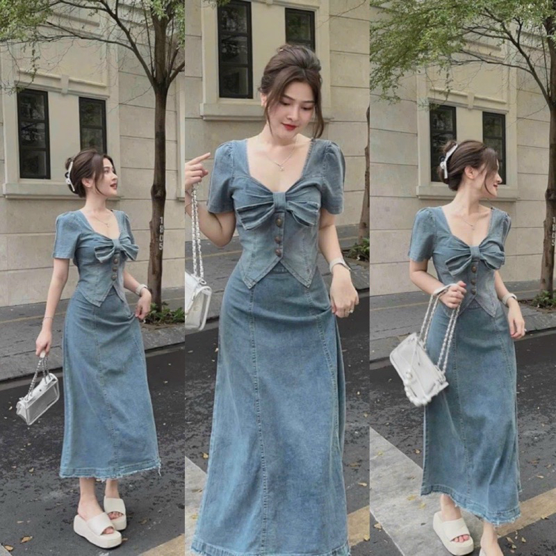 (SHOP TÁO ĐỎ BIGSIZE 50KG ĐẾN 90KG ) set jean váy dài khoá kéo