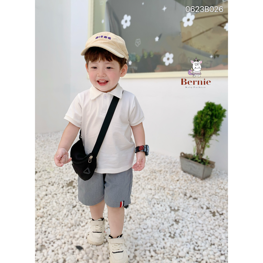 Bộ polo cổ đức bé trai, bộ thun áo trắng cộc tay quần kaki bé trai Bernie