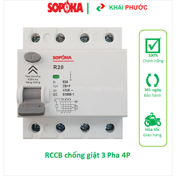 Aptomat Át tô mát RCCB CB 3 pha 4P chống giật SOPOKA 10A 16A 20A 25A 32A 40A 50A 63A 30mA - Khải Phước Electric