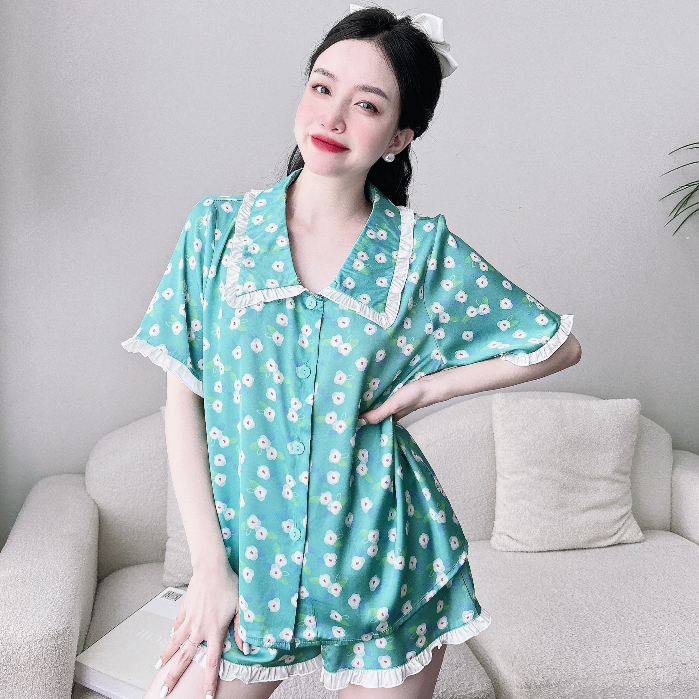 PIjama Mặc Nhà SOJUN Bộ Đùi Lụa Latin Cổ Lá Sen Bèo 45-65 kg