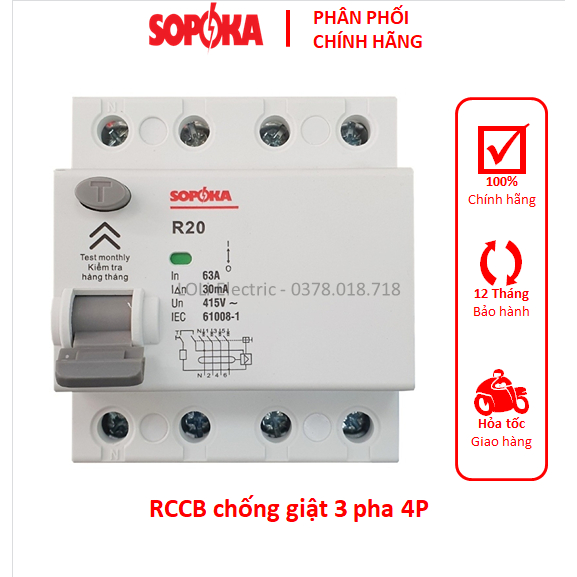 Aptomat Át tô mát RCCB CB 3 pha 4P chống giật SOPOKA 10A 16A 20A 25A 32A 40A 50A 63A 30mA - LOLi Electric