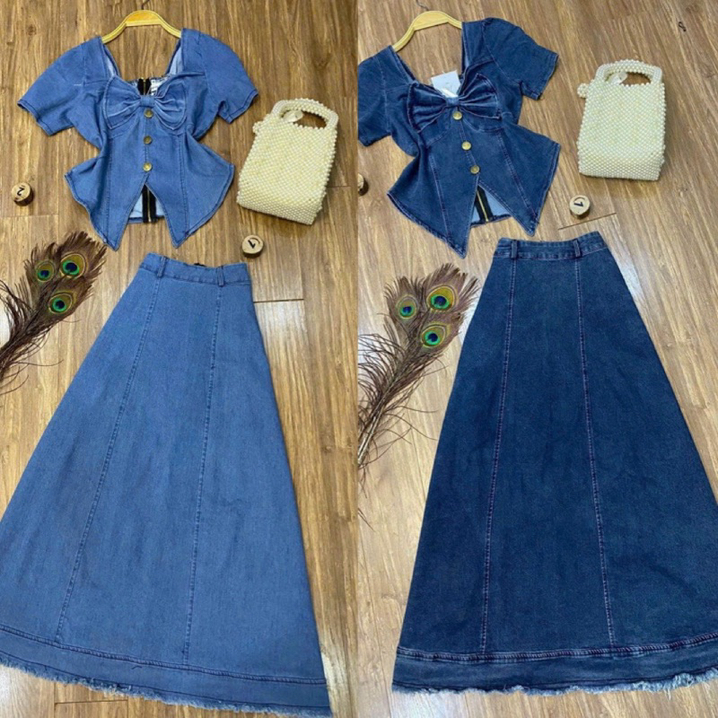 Set jean co dãn váy A dài áo nơ