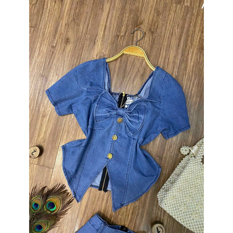 Set jean co dãn váy A dài áo nơ