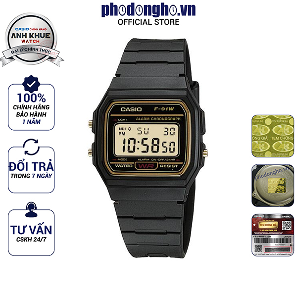 Đồng hồ dây nhựa huyền thoại Casio chính hãng Anh Khuê F-91 F-91WG-9QDF