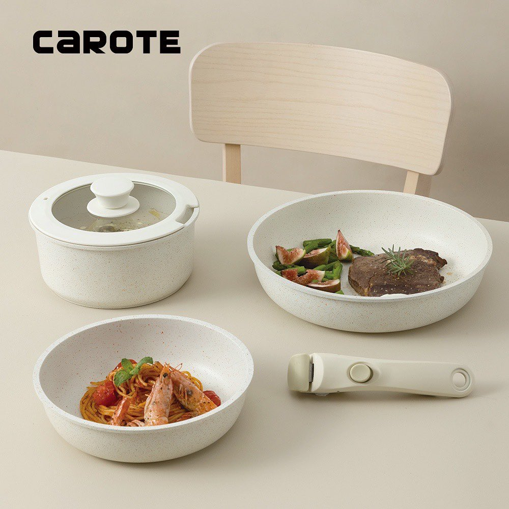 _Bộ nồi chảo đa năng tay cầm tháo rời CAROTE - 5 món gồm 3 nồi, chảo - Đá Granite trắng