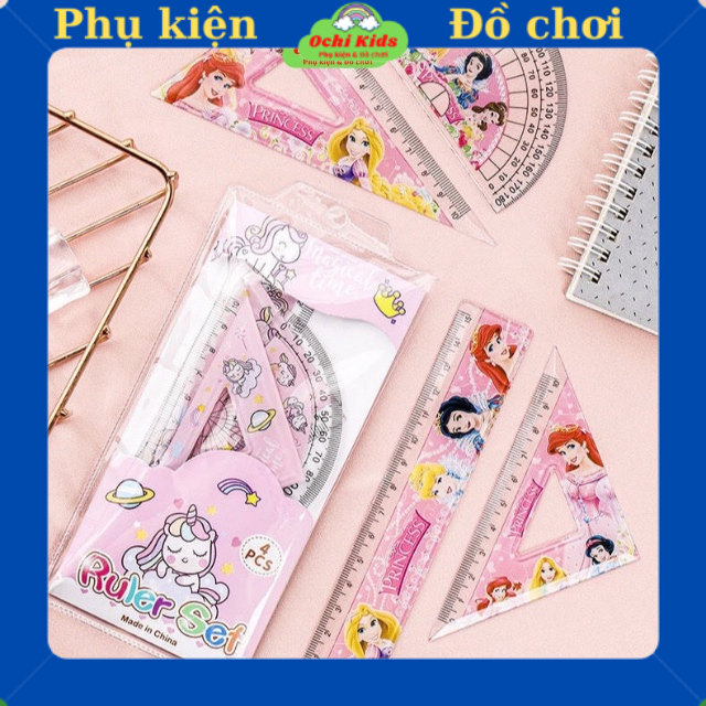 Bộ thước kẻ hoạt hình 4 chi tiết đi học cho bé, set đồ dùng học tập cute Ochi Kids