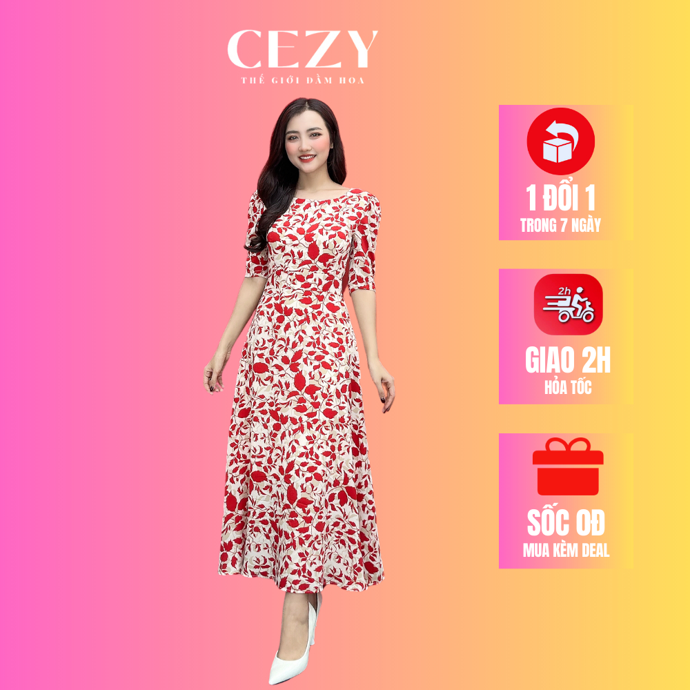 Đầm hoa nhí bigsize CEZY thiết kế cao cấp cổ tròn tay phồng dáng dài xòe có lót chất mango mềm mát nhiều màu - D207