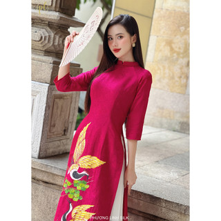 Áo Dài Lụa [ 2023 ] Áo Dài Lụa Hồng Sen Chim Hạc