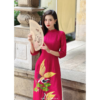 Áo Dài Lụa [ 2023 ] Áo Dài Lụa Hồng Sen Chim Hạc