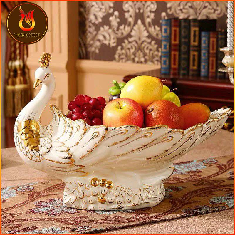 Khay Đựng Bánh Kẹo Hoa Qủa,kệ bát cắm hoa Chim Công,bằng Gốm Sứ Nhập Khẩu Cao Cấp-Kt 38*22*28cm