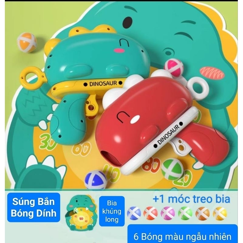 Đồ Chơi Bắn Bóng Khủng Long Vui Nhộn Cho Bé Có 3 Màu Xanh Vàng Đỏ Kèm 6 Bóng Và Móc Treo Cho Bé