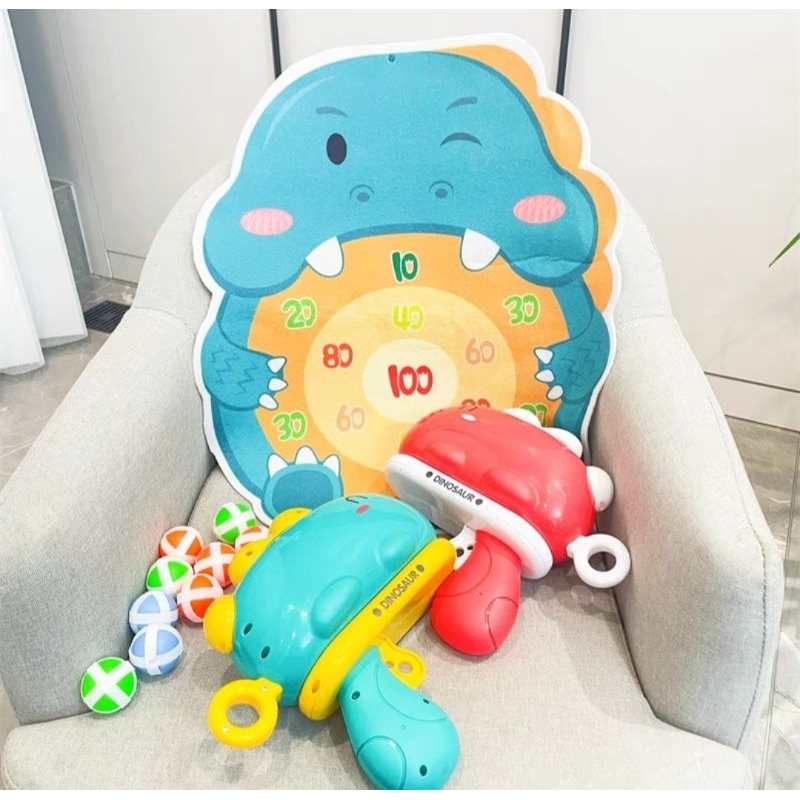 Đồ Chơi Bắn Bóng Khủng Long Vui Nhộn Cho Bé Có 3 Màu Xanh Vàng Đỏ Kèm 6 Bóng Và Móc Treo Cho Bé