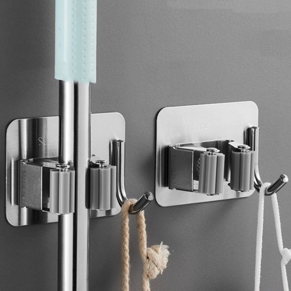 Móc Kẹp Chổi Dán Tường Inox 304, Móc Kẹp Đồ Đa Năng Chịu Lực Cao Không Cần Khoan Tường