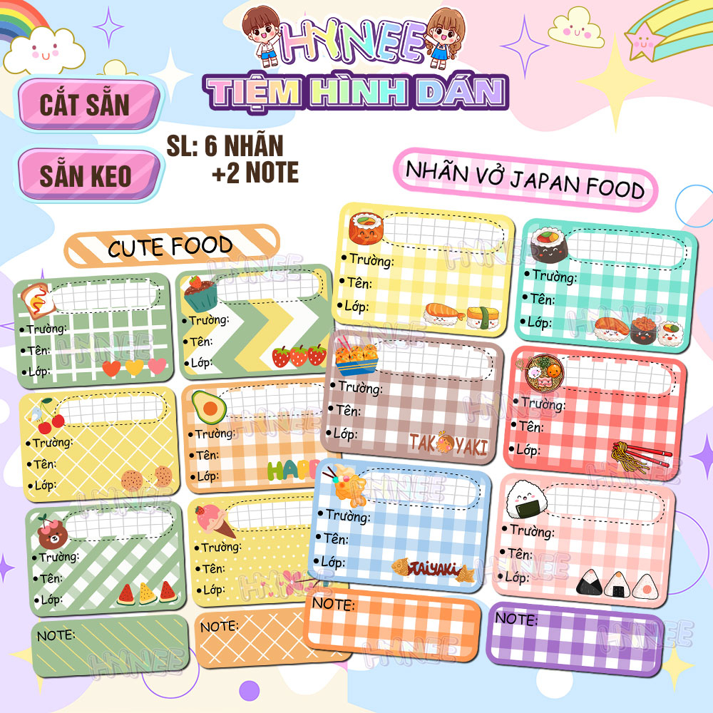 Nhãn Vở Thiết Kế Món Ăn Cute Kèm 2 Nhãn Ghi Chú - Nhãn Tập Dễ Thương Japan Food Caro Pastel - HYNEE