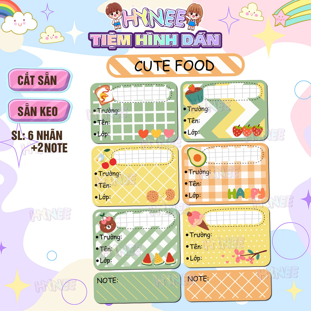 Nhãn Vở Thiết Kế Món Ăn Cute Kèm 2 Nhãn Ghi Chú - Nhãn Tập Dễ Thương Japan Food Caro Pastel - HYNEE