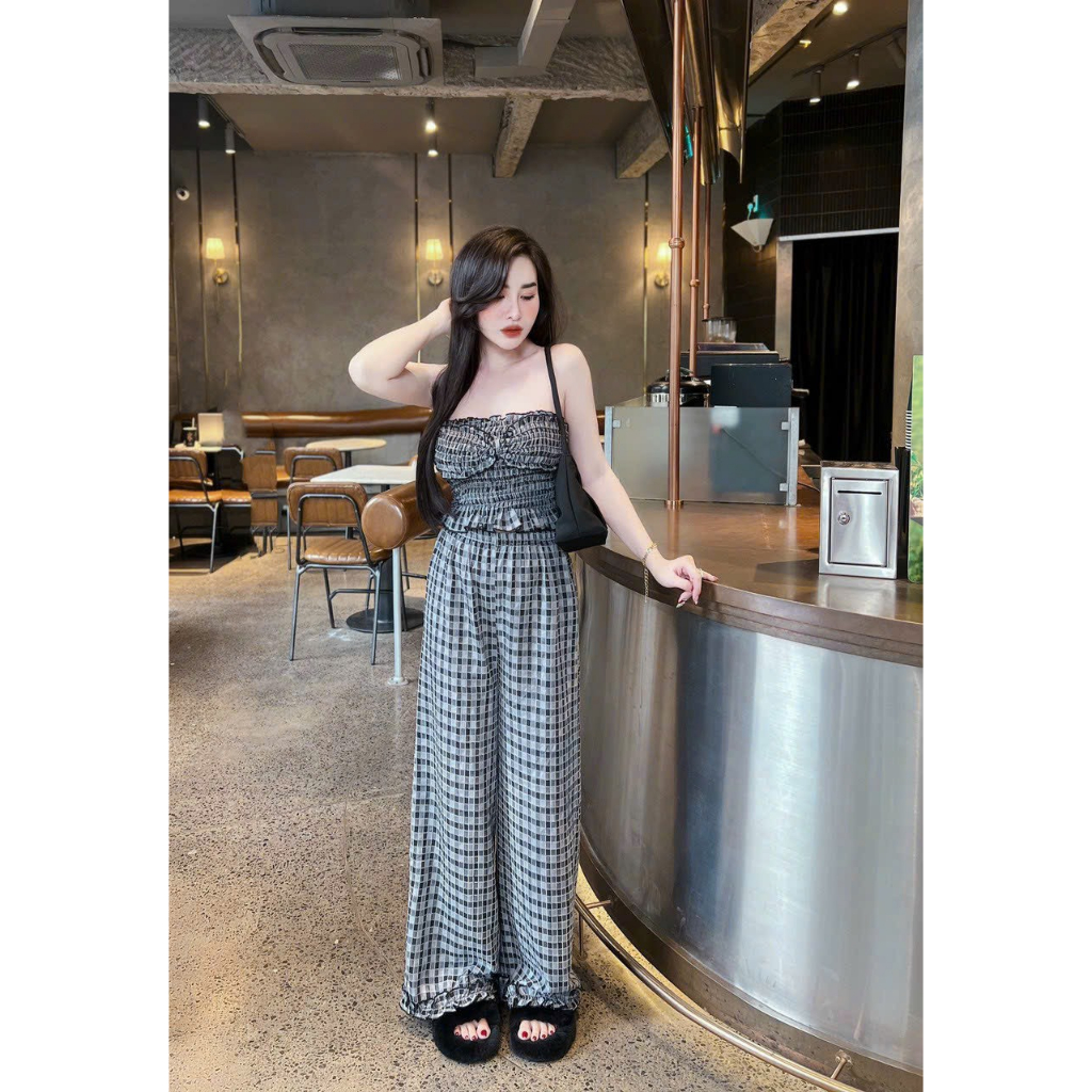 Đồ bộ nữ, đồ ngủ lụa latin mềm mịn, họa tiết caro, áo may nhún chun ôm dáng