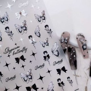 Sticker lụa 3d bướm trắng đen sắc nét | hình dán móng tay xy-1035