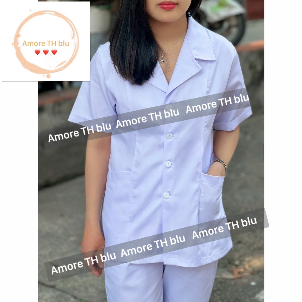 Áo Blue, Blouse trắng Dáng Ngắn Ngang Đùi - Nam Nữ Dài Tay, Cộc Tay Vải cotton Dành Cho Y Tá, Dược Sĩ, Điều Dưỡng