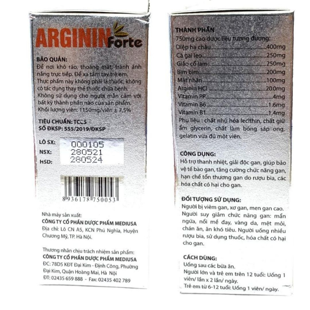 Viên uống ARGININ FORTE giúp tăng cường chức năng gan, hạ men gan, mát gan, giải độc gan - Hộp 60 viên