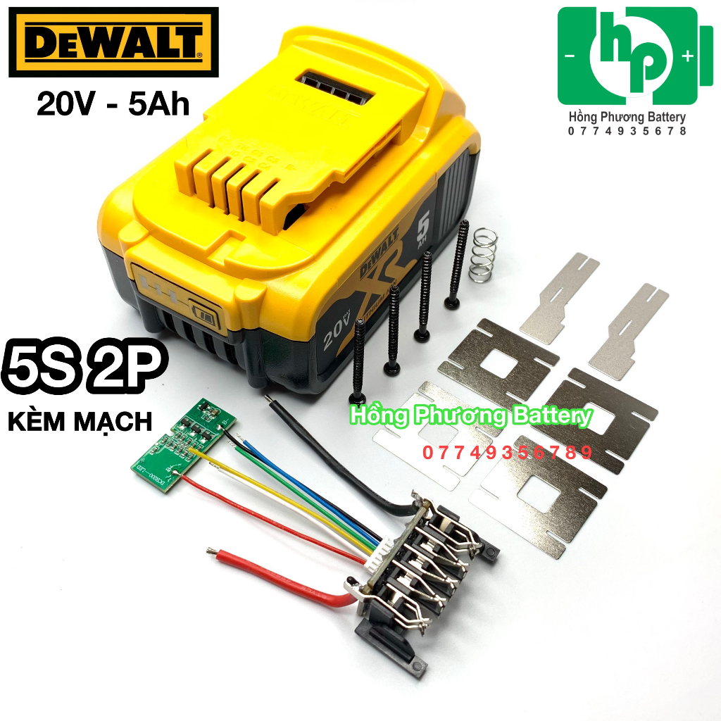 Combo vỏ mạch Dewalt 20V-5Ah 5S2P 18650 nhận sạc zin (HongPhuong)