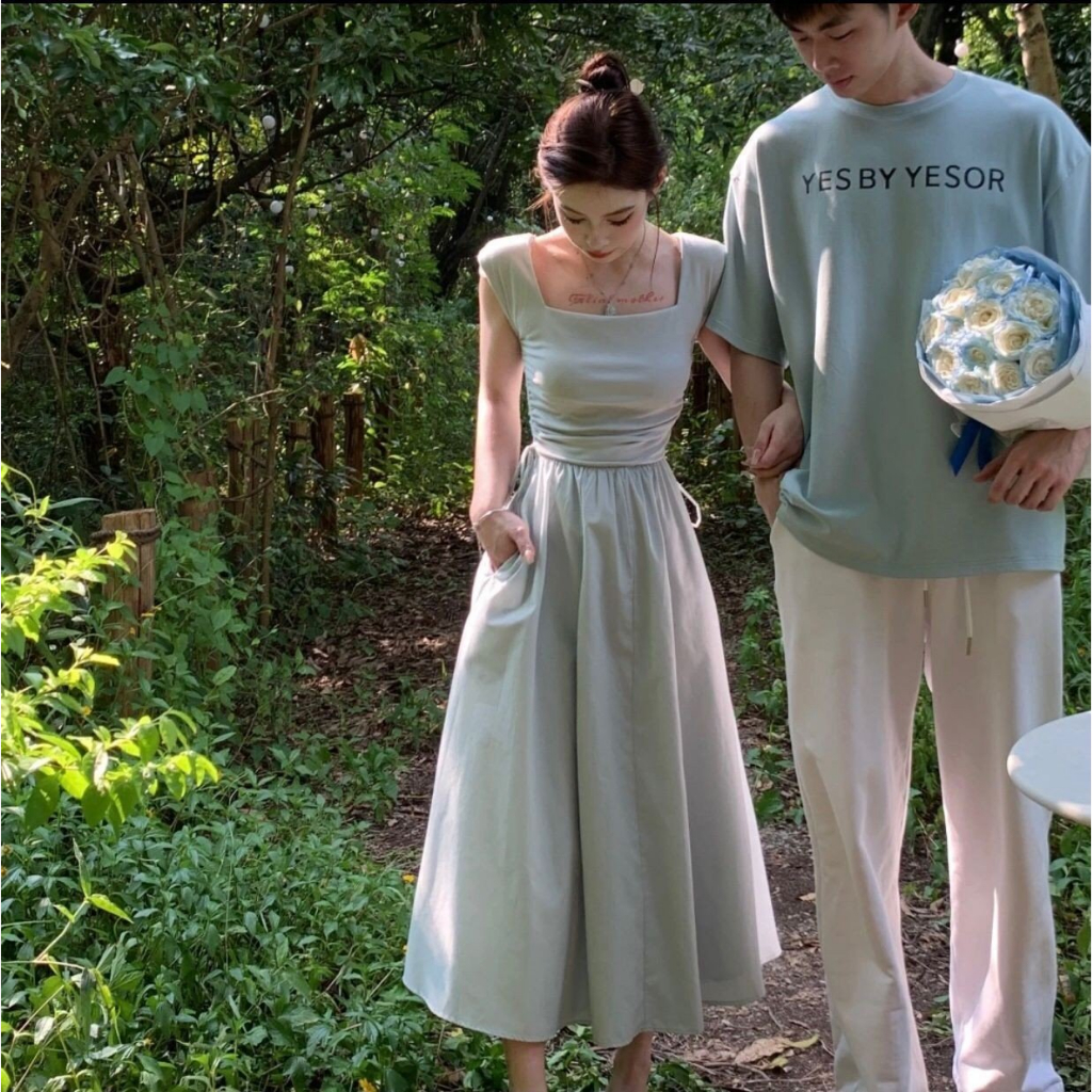 Đồ đôi nam nữ couple set áo nam váy đầm nữ màu xanh min dáng dài xoè tiểu thư chất dày đẹp C082