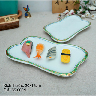 Dĩa sứ chữ nhật bánh/sushi/nigiri màu trắng viền xanh- gốm sứ nhật bản