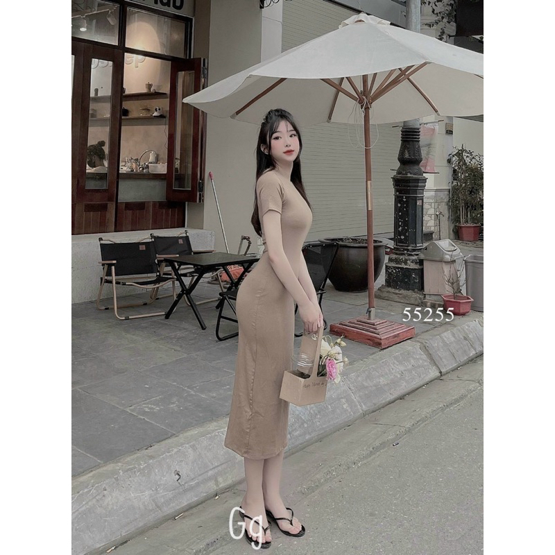 Đầm body thun gân cổ tròn sát nách siêu xinh - Free size