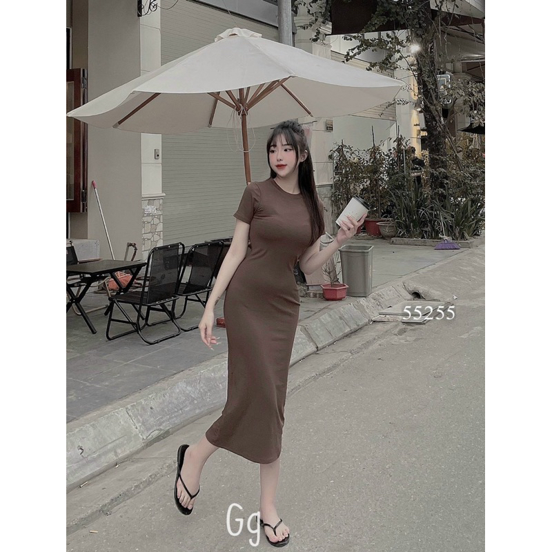 Đầm body thun gân cổ tròn sát nách siêu xinh - Free size