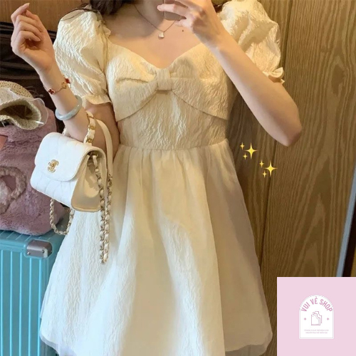 Đầm Xòe Công Chúa Phủ Voan Ren Hai Lớp Bồng Bềnh Phối Nơ Trước Ngực Màu Trắng Kem Thanh Lịch Đự Tiệc Đi Chơi