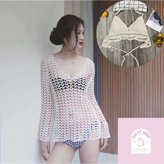 Áo Khoác Lưới Đi Biển Choàng Ngoài Bikini Họa Tiết Len Móc Lưới Trái Tim Bán Kèm Áo Bra Áo Bơi Hottrend 2023