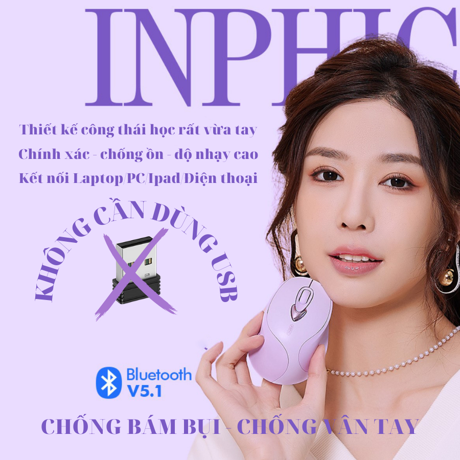 Chuột không dây bluetooth Maxcotech Inphic M8B màu tím Silent, Chuột cho máy tính,Tablet, điện thoại