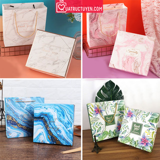 Hộp đựng quà vuông 20x20cm vân đá kèm túi quà, rơm giấy - hộp giấy quà tặng H19