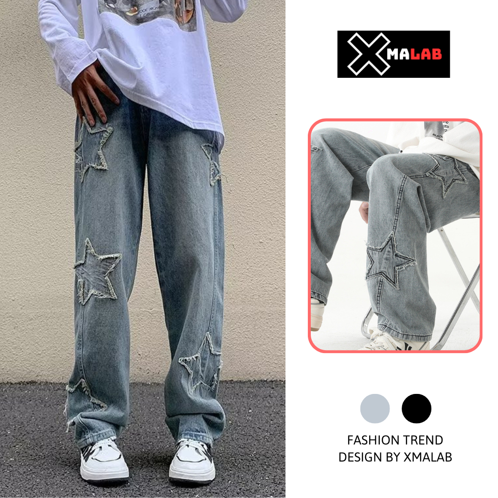 Quần jean dài ống rộng nam XMALAB dáng suông họa tiết hình ngôi sao phong cách hip hop cá tính thời trang Hàn Quốc B086