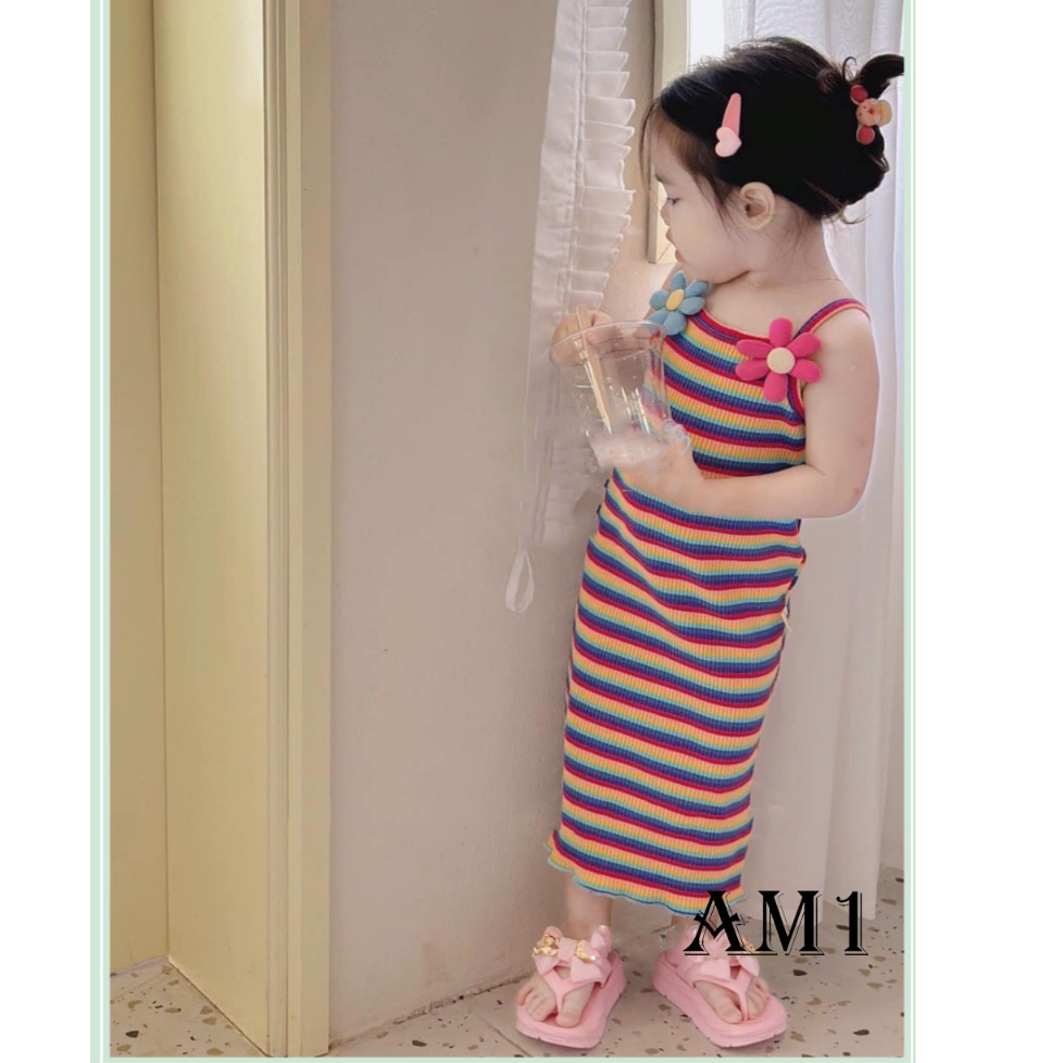 (8-18kg) Váy bé gái hai dây QATE73 - Đầm bé gái kẻ thổ cẩm cầu vồng xinh xắn TB360