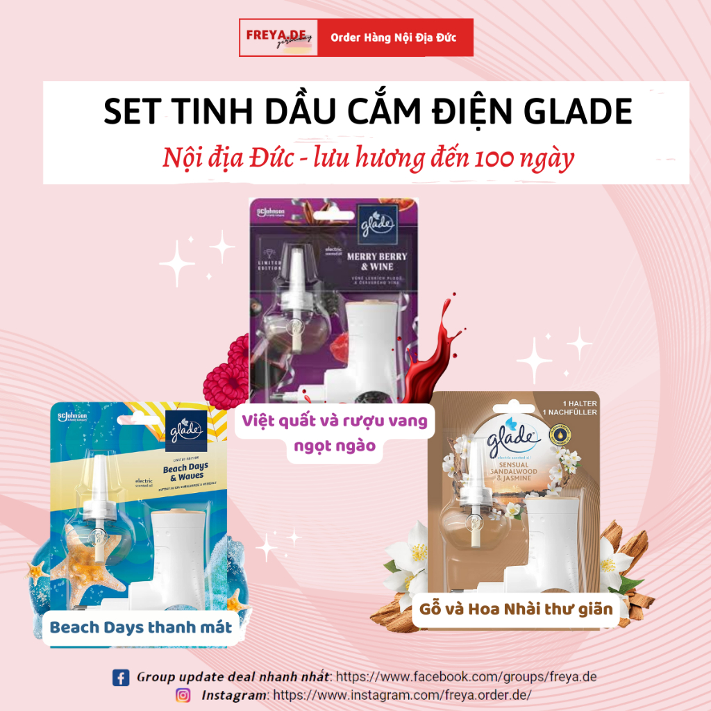 Bộ Tinh dầu khuếch tán cắm điện Glade 230V - Bí quyết thơm nhà của người Đức, lan tỏa hương thơm hiệu quả.